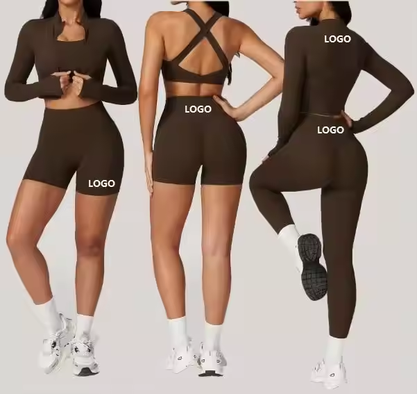 Women's Yoga Set 4 Piece Seamless Activewear Gym Leggings with Long Sleeves Individualized Fitness Clothing