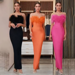 Summer New Arrival Sexy Backless Solid Color Party Club Fashion Slit Dress Women With Feather Maxi Length Casual Dress