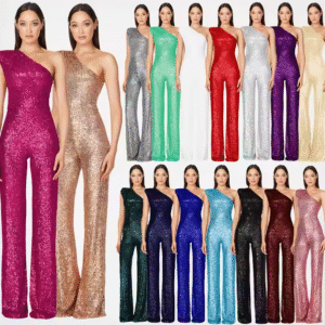 Women's Elegant Sleeveless One Shoulder Sparkly Sequin Jumpsuit Wide Leg Bodycon Evening Dress for Summer