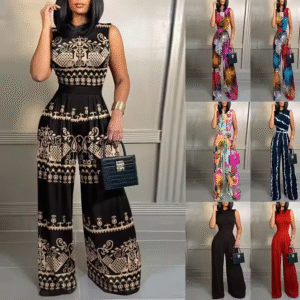Women Stand Collar Jumpsuits Printed Floral Summer Sleeveless Wide Leg Straight Long Pants Lady Slim Casual Jumpsuit