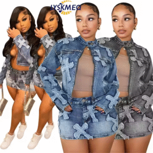Women Denim Skirts Two Piece Sets Mini Dresses Denim Jackets Embroidery Patch Fashion Casual Women's Sets