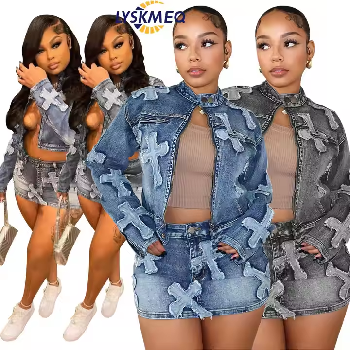 Women Denim Skirts Two Piece Sets Mini Dresses Denim Jackets Embroidery Patch Fashion Casual Women's Sets