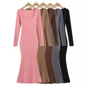 Women's Grace Square Neck Long Sleeve Mermaid Shape Sexy Bodycon Maxi Casual Dresses