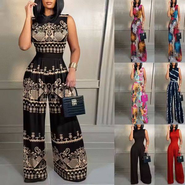 Women Stand Collar Jumpsuits Printed Floral Summer Sleeveless Wide Leg Straight Long Pants Lady Slim Casual Jumpsuit