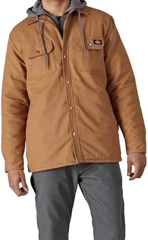 Dickies Men's Fleece Hooded Duck Shirt Jacket with Hydroshield Brown Duck