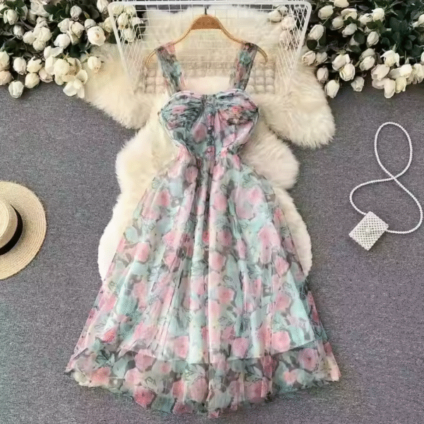 Summer New Women's Halters Fashion Temperament V-neck Mid-length Chiffon Loose Solid Color Dress - Image 3