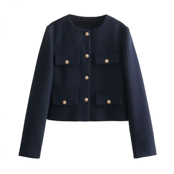 Women New Fashion Clamshell Trim Short Blazer Coat Vintage Long Sleeve Pockets Female Outerwear Chic - Image 2