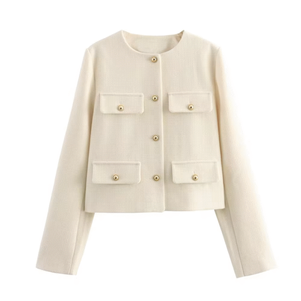 Women New Fashion Clamshell Trim Short Blazer Coat Vintage Long Sleeve Pockets Female Outerwear Chic - Image 3