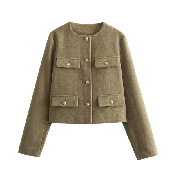 Women New Fashion Clamshell Trim Short Blazer Coat Vintage Long Sleeve Pockets Female Outerwear Chic - Image 4