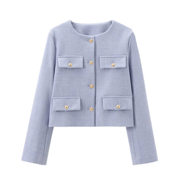 Women New Fashion Clamshell Trim Short Blazer Coat Vintage Long Sleeve Pockets Female Outerwear Chic - Image 5
