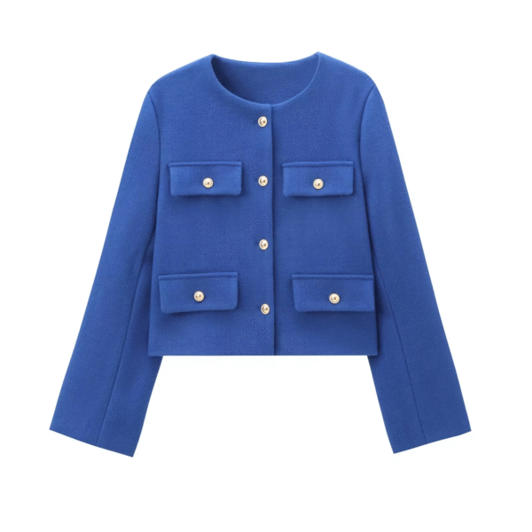 Women New Fashion Clamshell Trim Short Blazer Coat Vintage Long Sleeve Pockets Female Outerwear Chic - Image 6