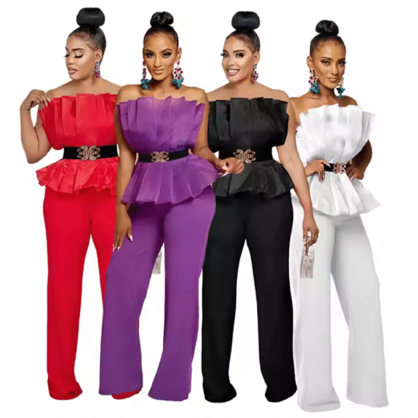 Casual Women's Jumpsuit Set Fashion Solid Color Sexy Off Shoulder Ruffle Party Jumpsuit for Ladies With Belt