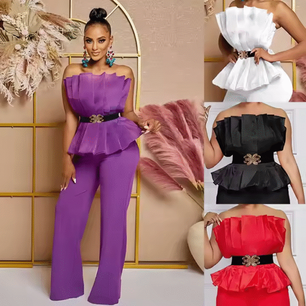 Casual Women's Jumpsuit Set Fashion Solid Color Sexy Off Shoulder Ruffle Party Jumpsuit for Ladies With Belt - Image 2