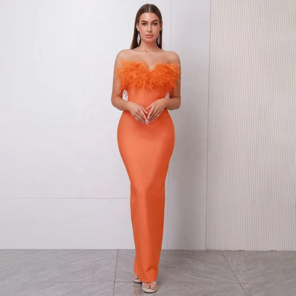 Summer New Arrival Sexy Backless Solid Color Party Club Fashion Slit Dress Women With Feather Maxi Length Casual Dress - Image 3