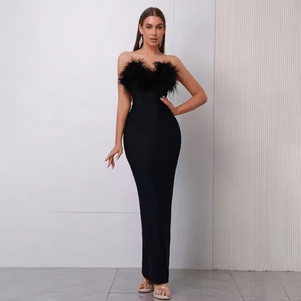 Summer New Arrival Sexy Backless Solid Color Party Club Fashion Slit Dress Women With Feather Maxi Length Casual Dress - Image 2