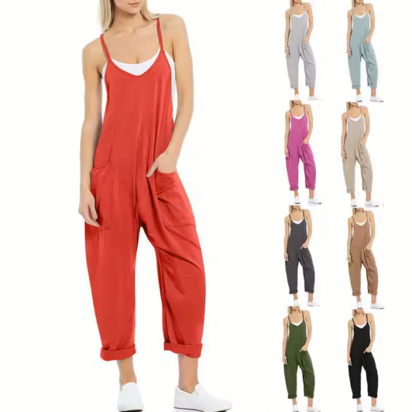 Casual Jumpsuits Stretch Hot Shot Spaghetti Strap Loose Romper Overalls Pocket Summer Fashion Harem Rompers