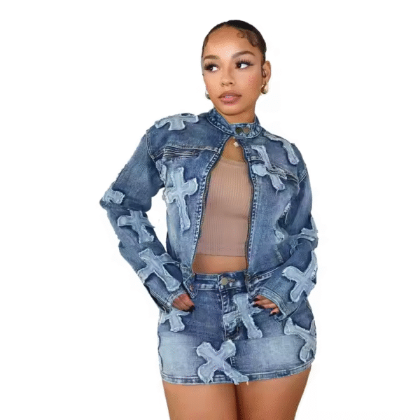 Women Denim Skirts Two Piece Sets Mini Dresses Denim Jackets Embroidery Patch Fashion Casual Women's Sets - Image 3