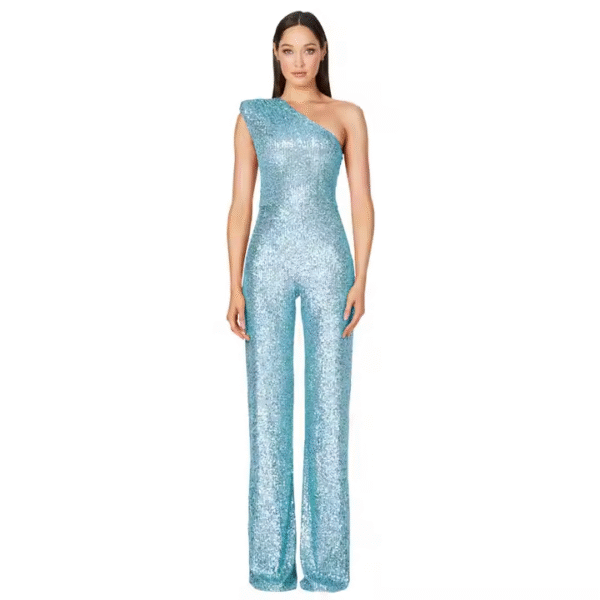 Women's Elegant Sleeveless One Shoulder Sparkly Sequin Jumpsuit Wide Leg Bodycon Evening Dress for Summer - Image 2
