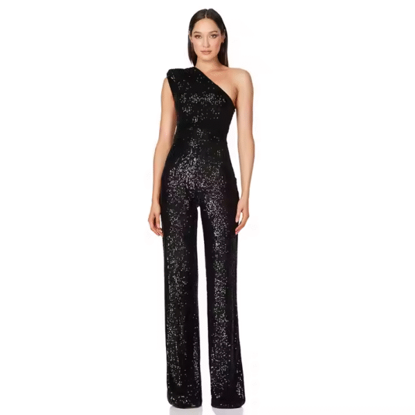 Women's Elegant Sleeveless One Shoulder Sparkly Sequin Jumpsuit Wide Leg Bodycon Evening Dress for Summer - Image 6