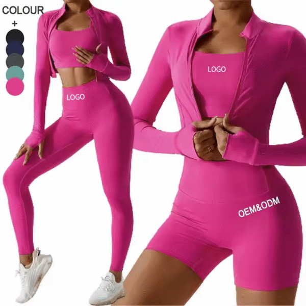 Women's Yoga Set 4 Piece Seamless Activewear Gym Leggings with Long Sleeves Individualized Fitness Clothing - Image 2