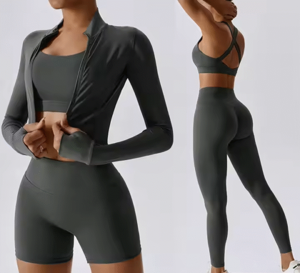 Women's Yoga Set 4 Piece Seamless Activewear Gym Leggings with Long Sleeves Individualized Fitness Clothing - Image 3